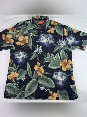 Tommy Bahama 100% Silk Hawaiian Camp Shirt Men’s L Black Tropical Floral